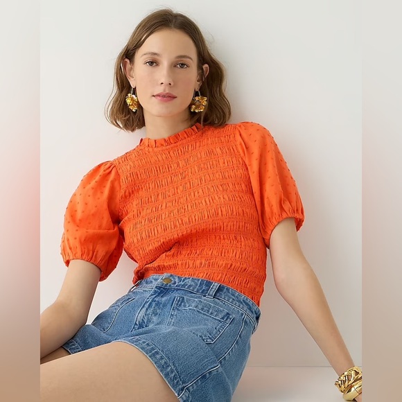 J. Crew Tops - J Crew Top Blouse Puff-sleeve Cropped  Voile Smocked Orange Womens Size Large